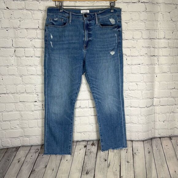 Frame Jeans Le Beau Crop Distressed Straight Raw Hem size 28 - Picture 1 of 11